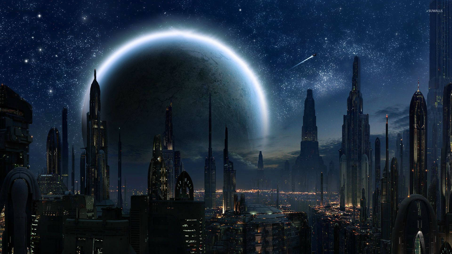 星球大战壁纸：现代城市中的高楼大厦和科洛桑的大月亮