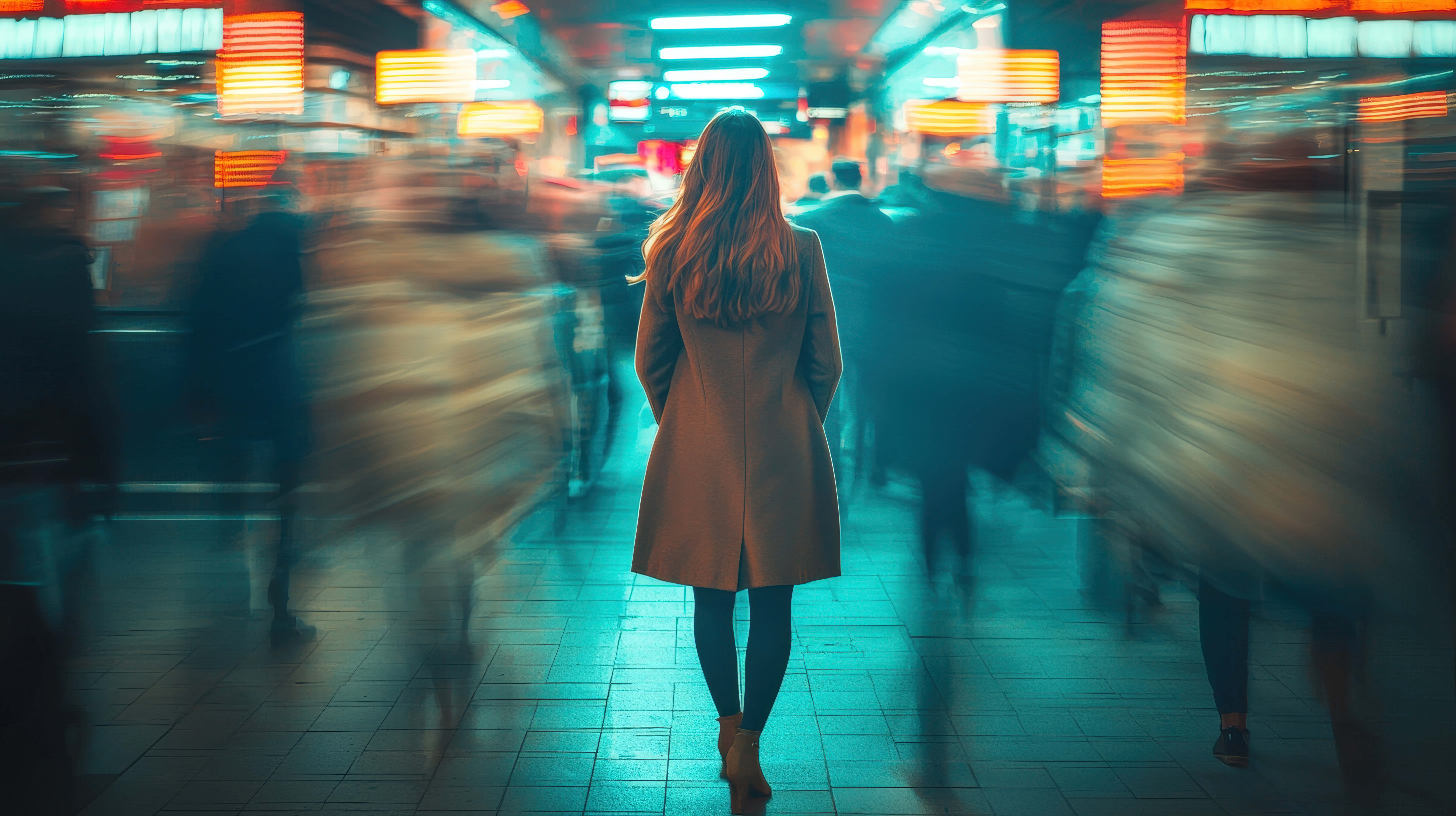 穿大衣的女子穿过繁忙都市，周围人影模糊 壁纸