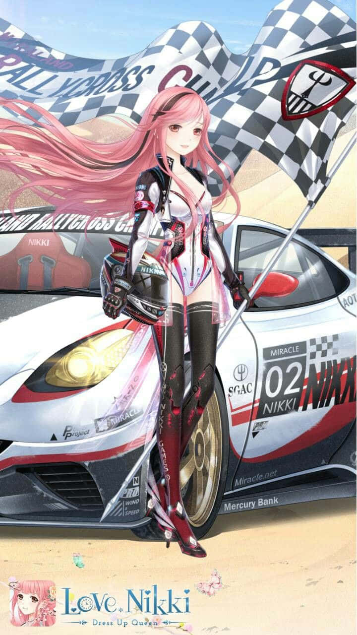 粉发女孩站在赛车旁 壁纸