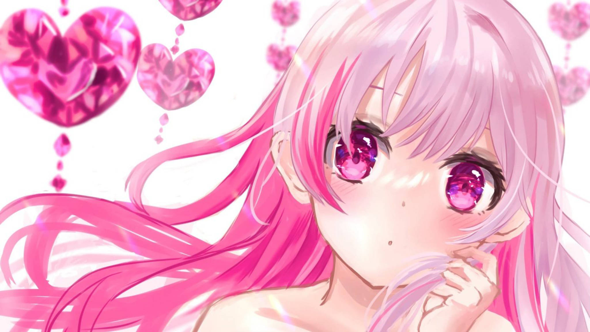 粉色动漫美学少女与心形宝石 壁纸