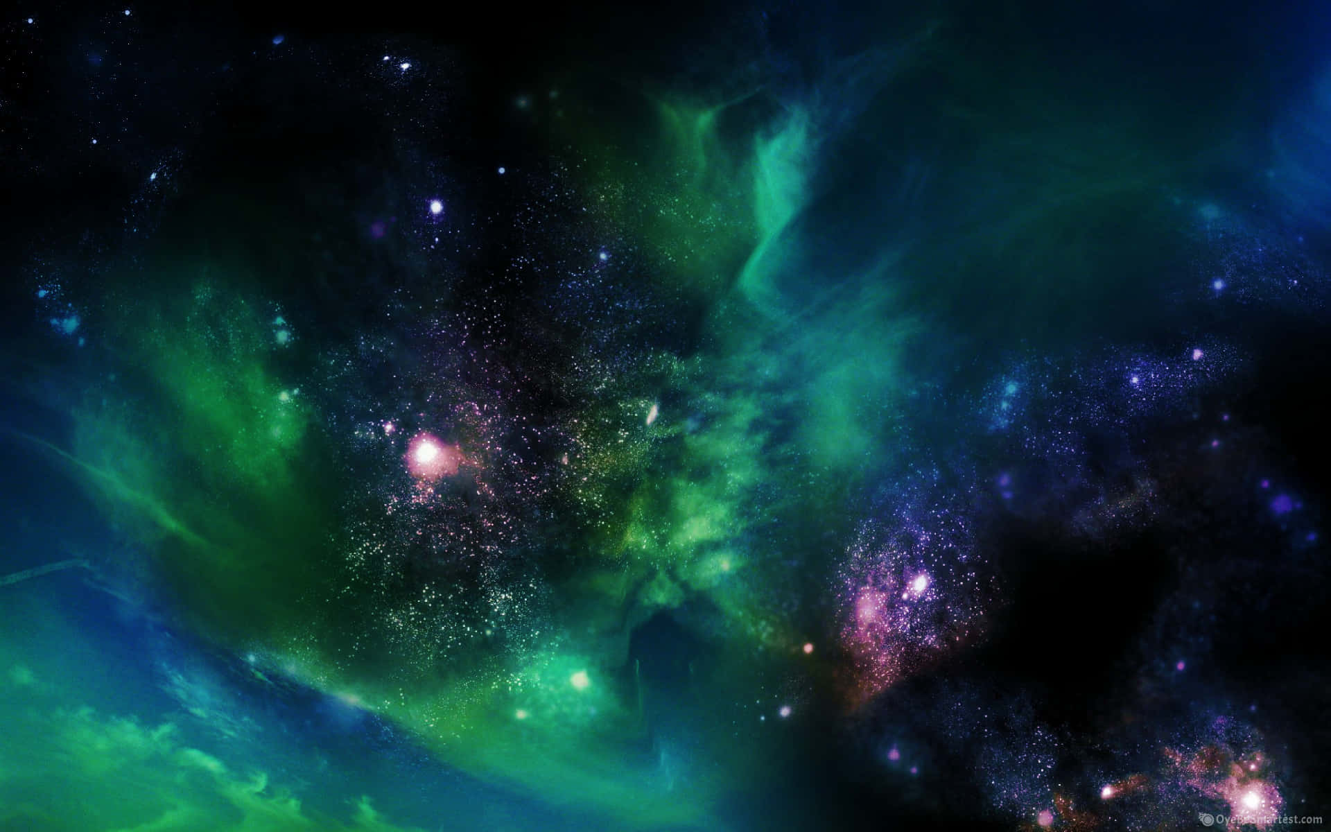 粉色星辰与绿色星系云宇宙 壁纸