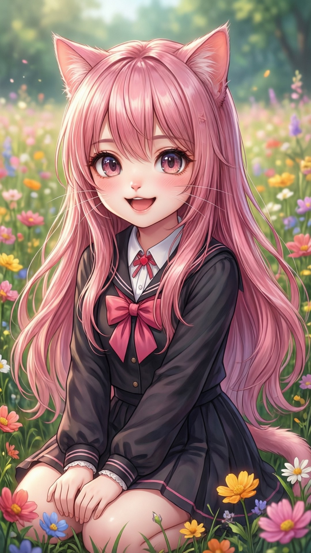 粉色猫耳少女花田 壁纸