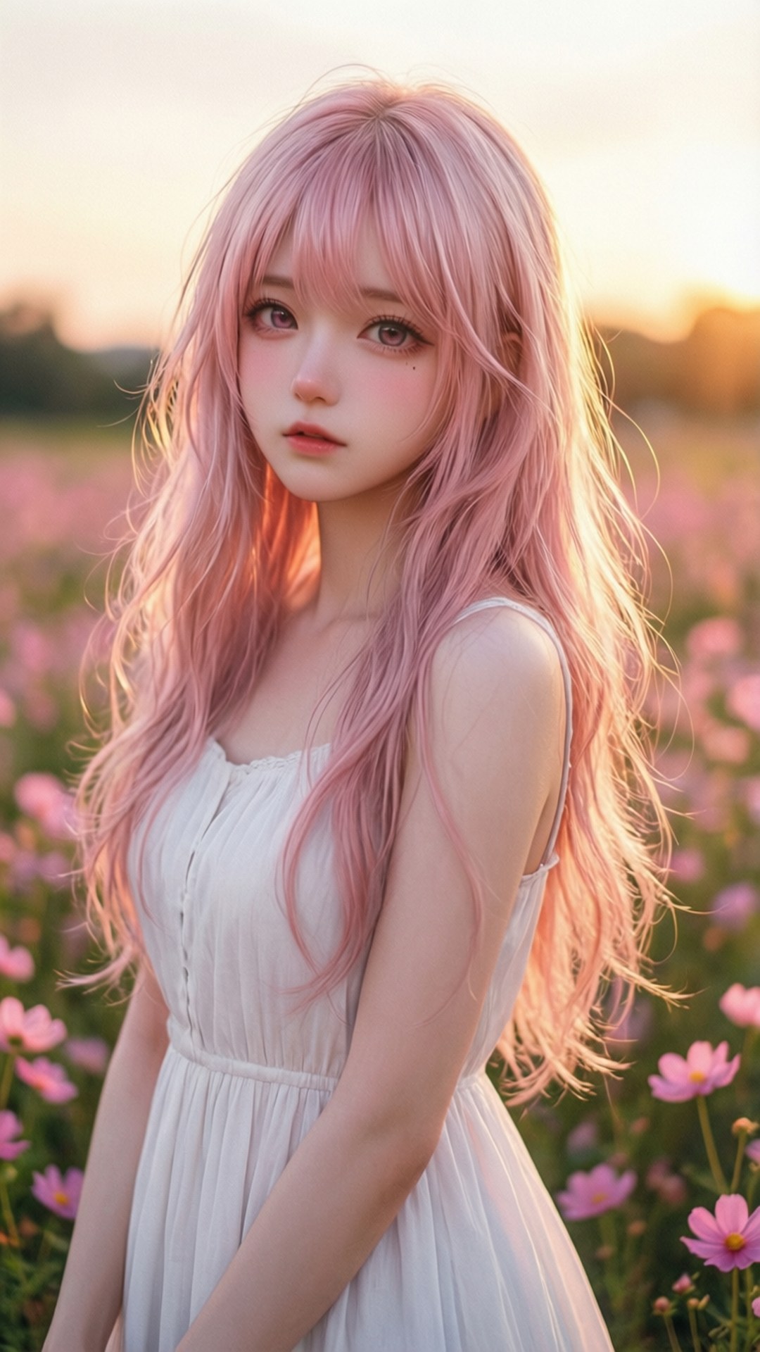 粉色花田中的动漫少女 壁纸