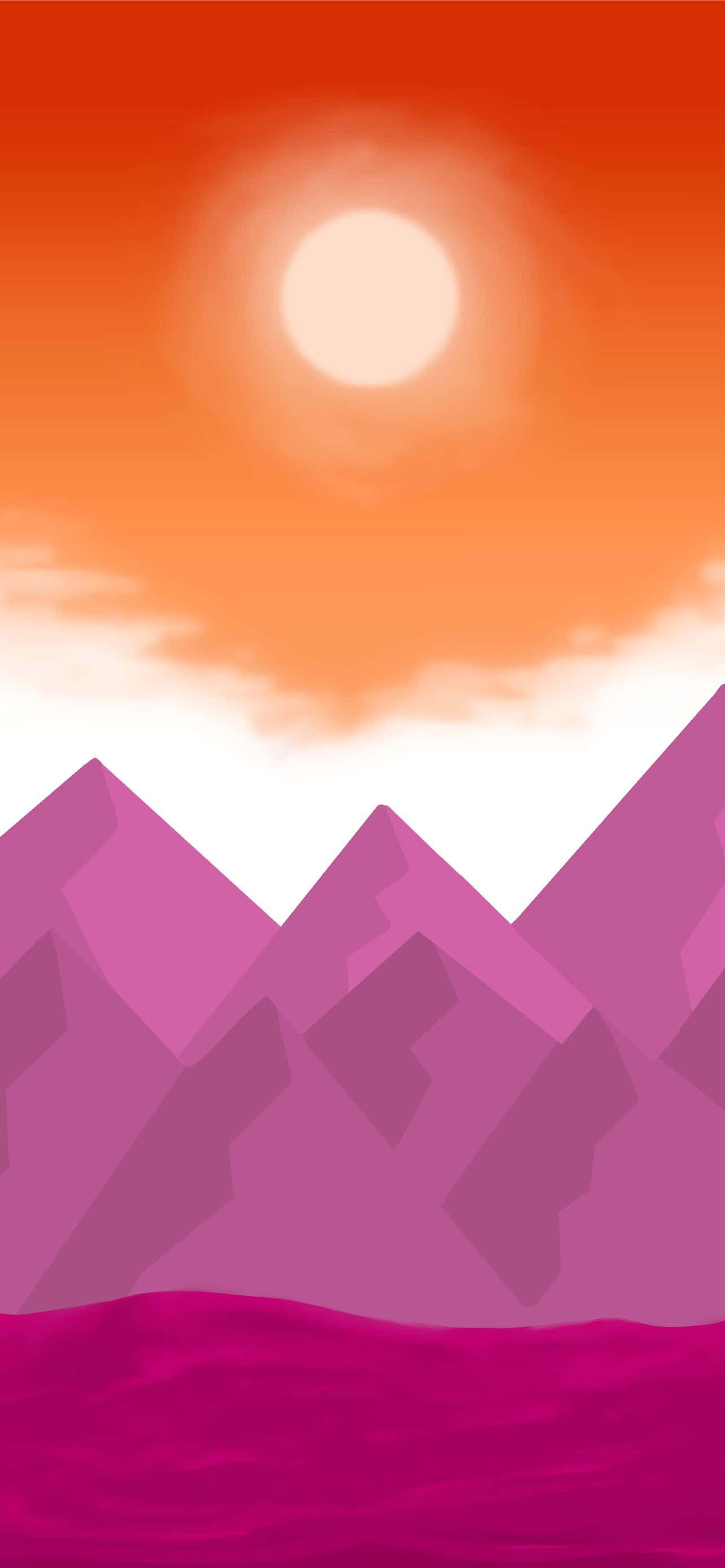 紫色与粉色交织的山景，太阳照耀 壁纸