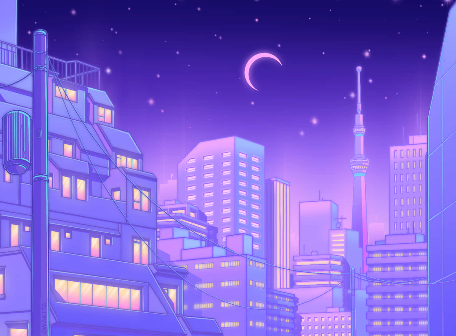 紫色夜空下的东京动漫城市 壁纸