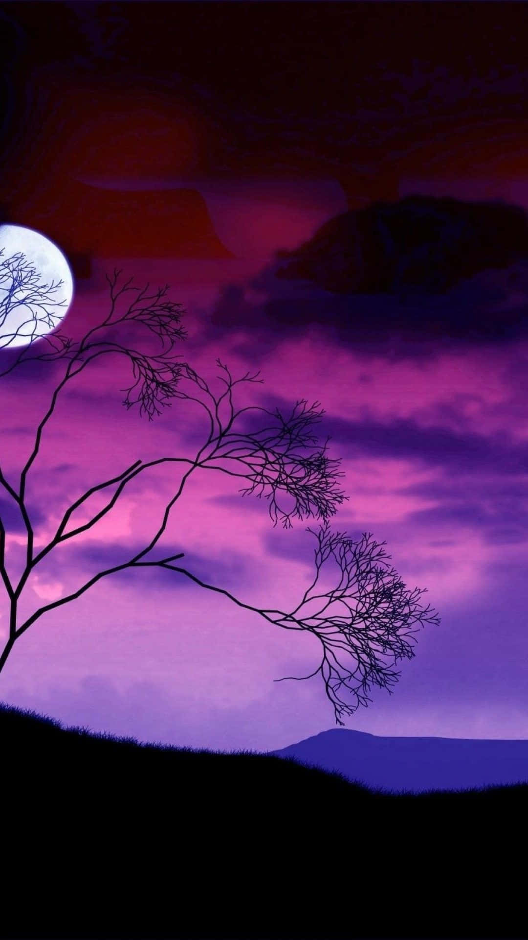 紫色夜空下的树与月亮 壁纸