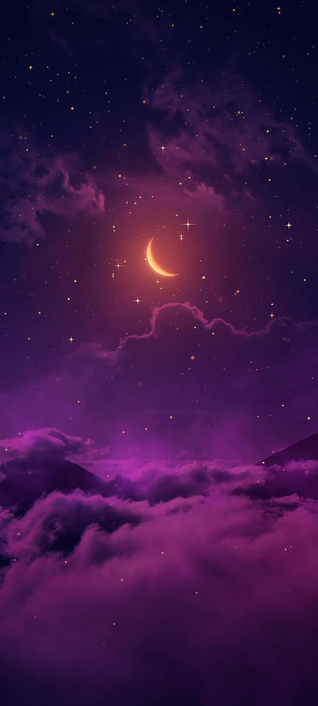 紫色天空，云朵与新月 壁纸