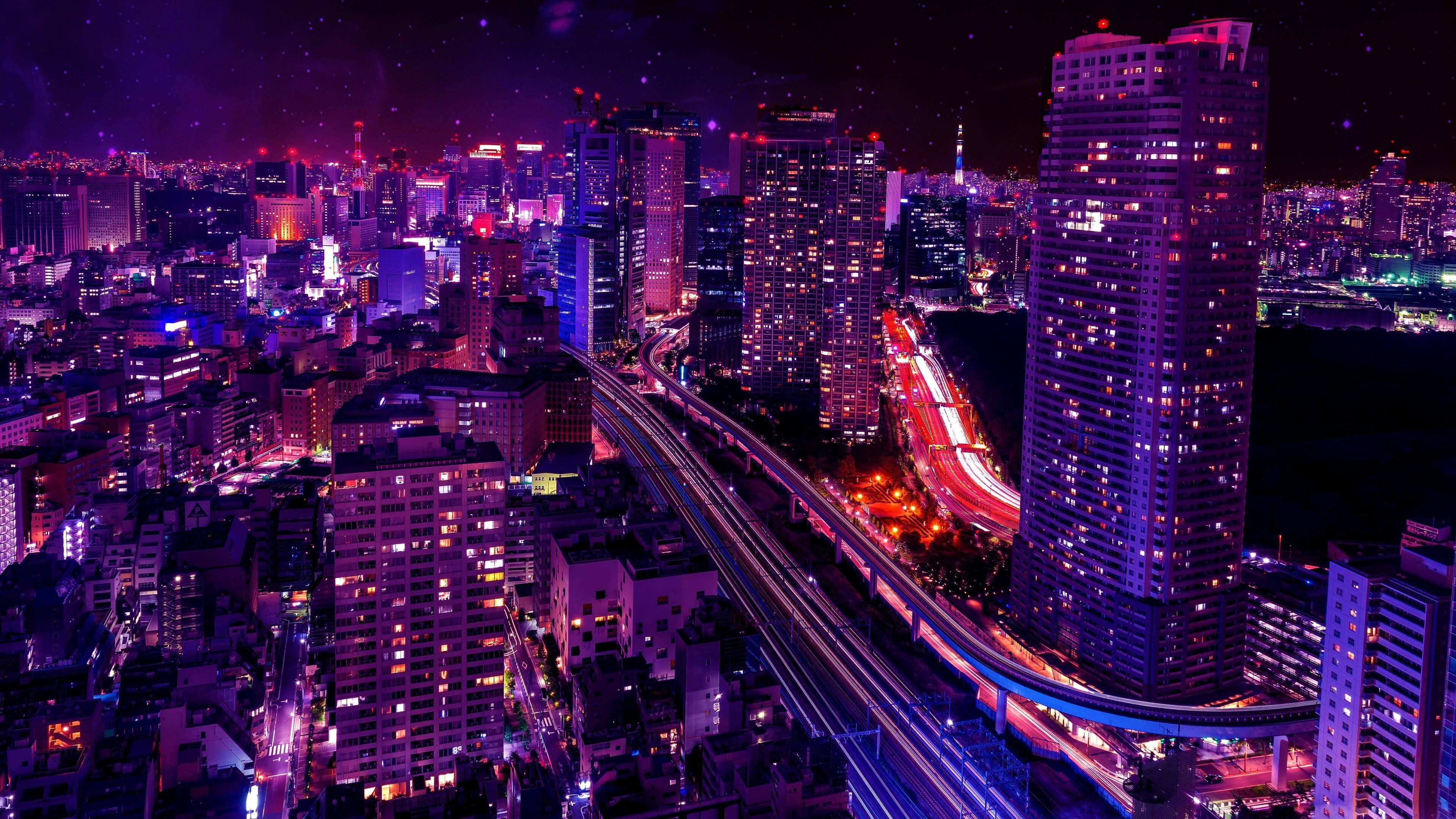 紫色日式美学城市夜景 壁纸