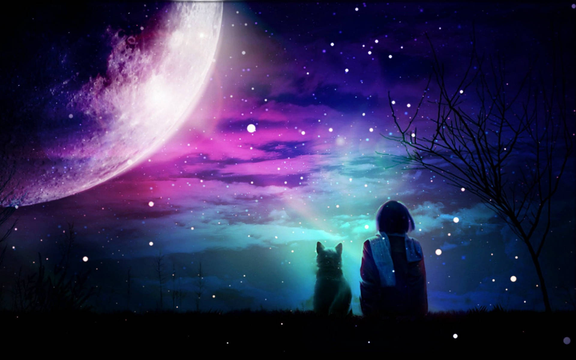 紫色星系月亮数字艺术 壁纸