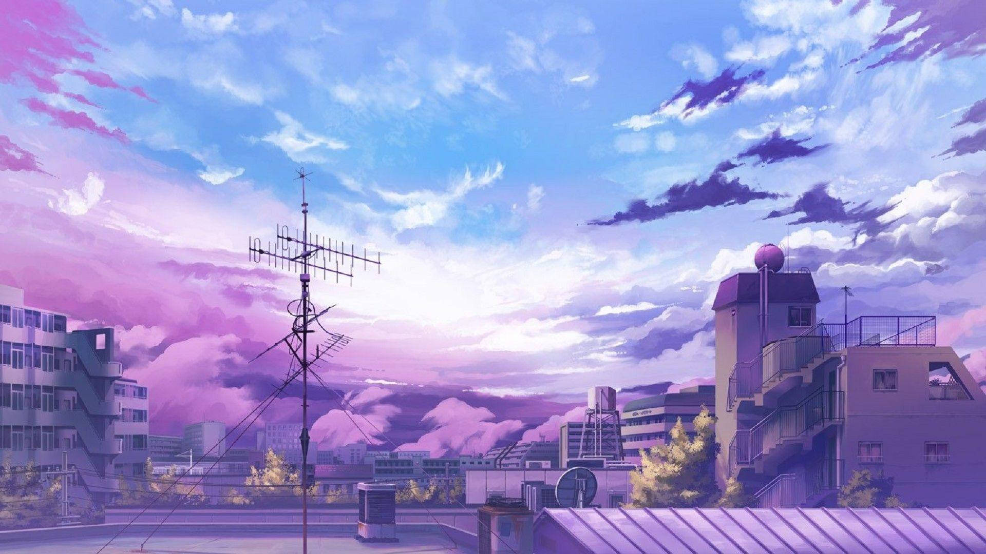 紫蓝天空下的唯美城市 壁纸