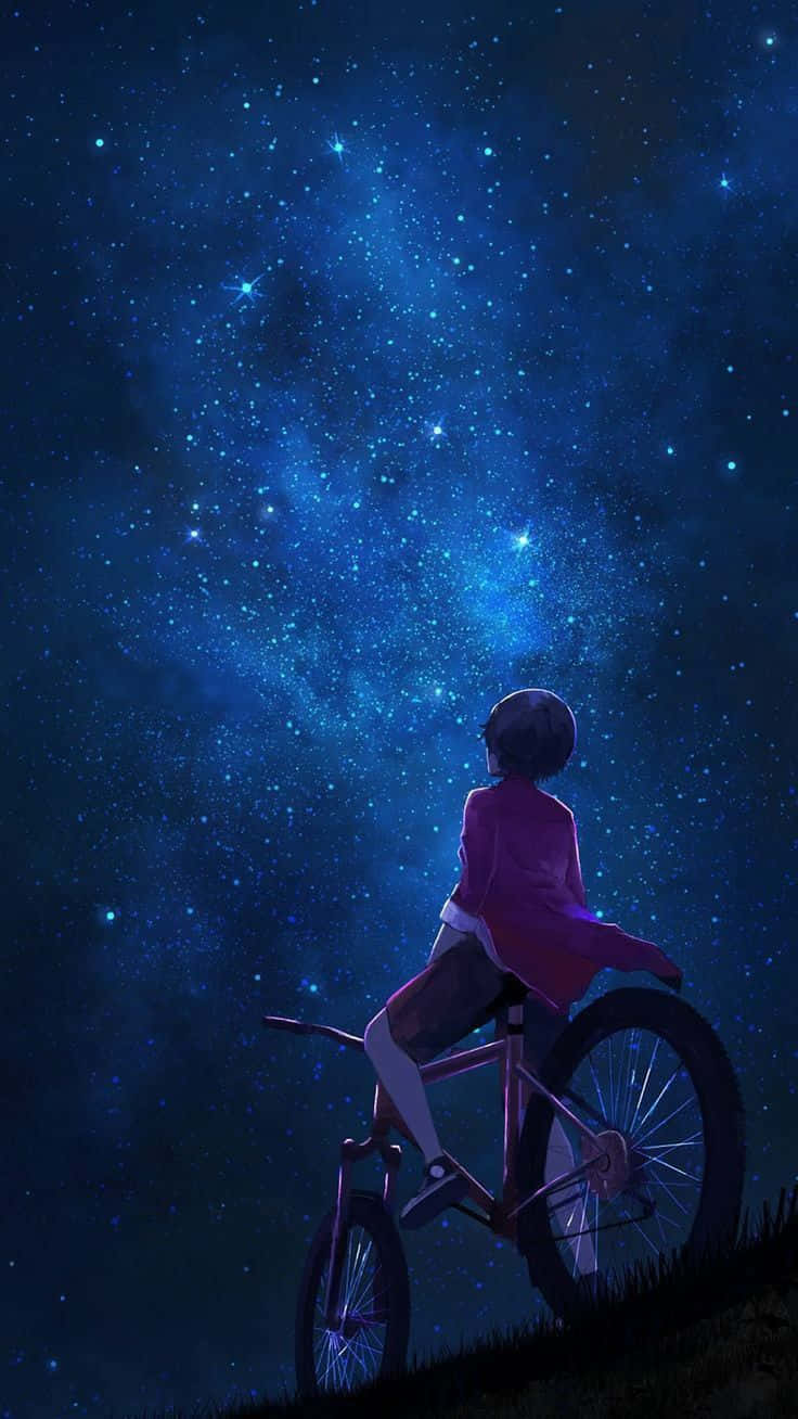 红单车少年仰望夜空动漫天空 壁纸