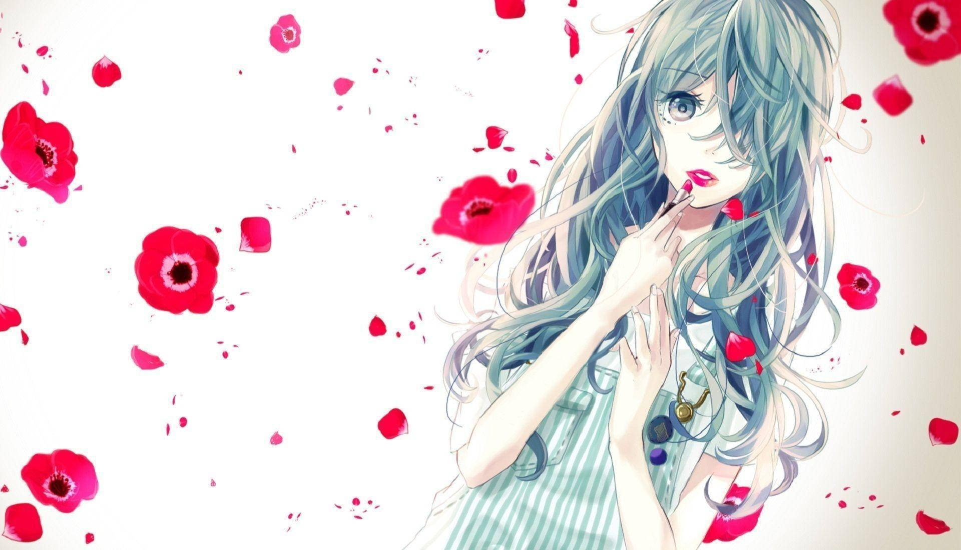 红唇花瓣可爱动漫女孩 壁纸