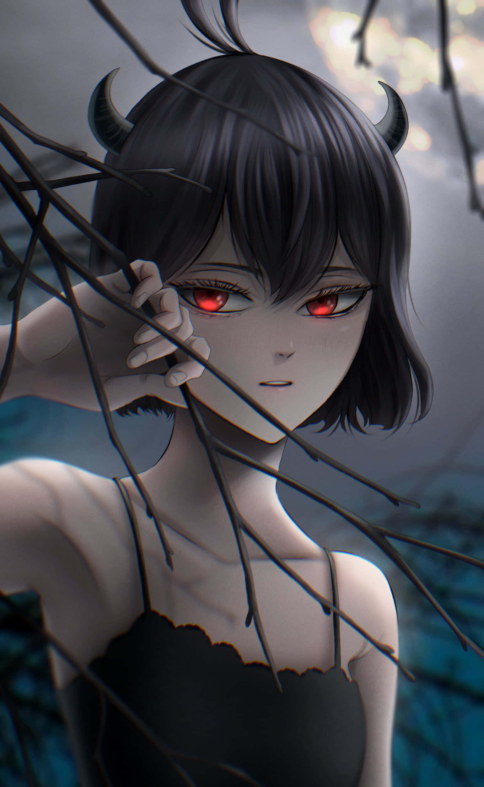 红眼长角的女孩站在树上 壁纸
