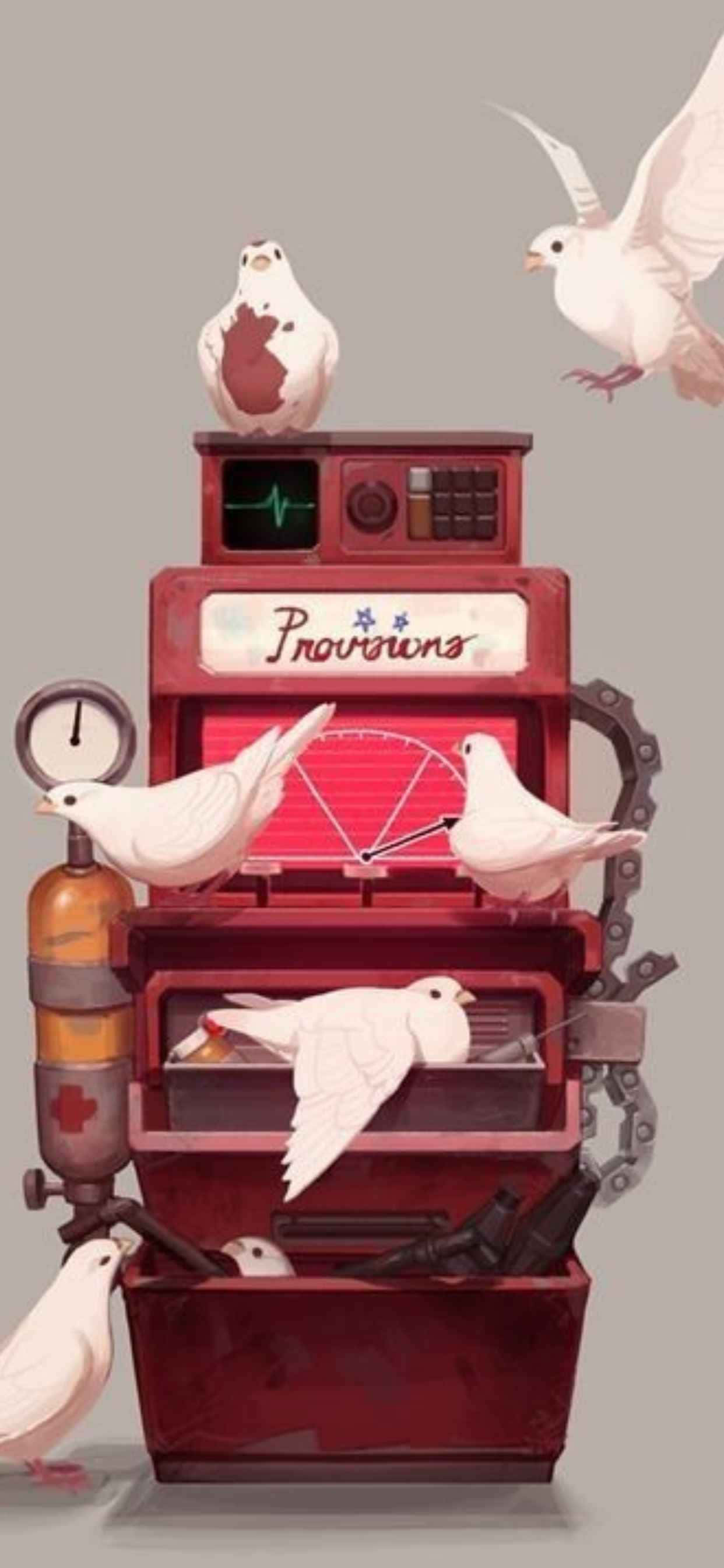 红色机器周围有鸟儿飞翔 壁纸