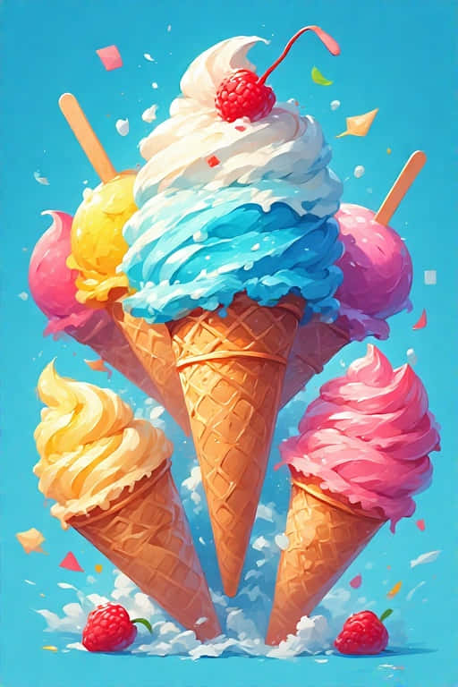 夏日、冰淇淋、冰棒、缤纷、俏皮、可爱、甜品、数字绘画、奇思妙想、4K、竖屏壁纸