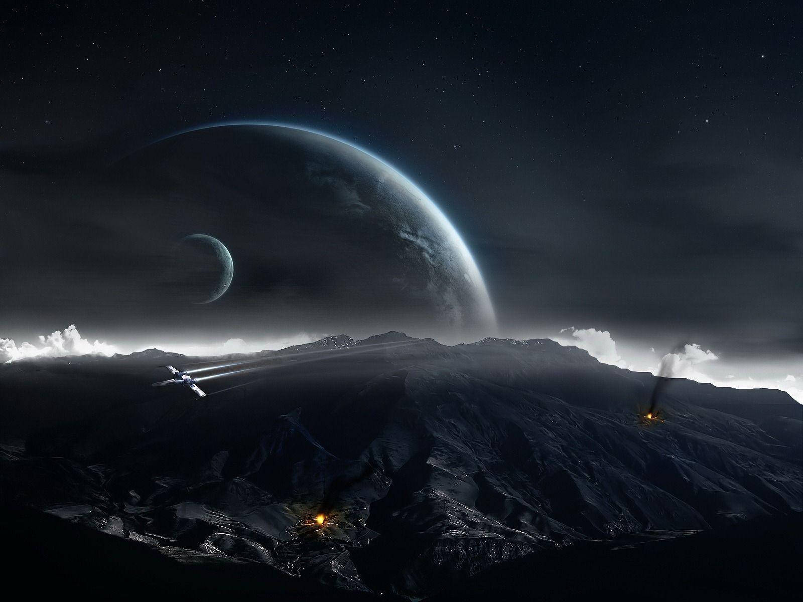 美丽暗黑山脉与行星 壁纸