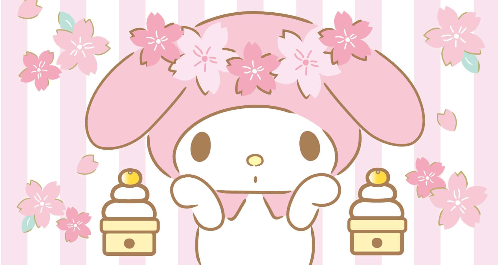 美乐蒂桌面蛋糕与粉色花卉 壁纸