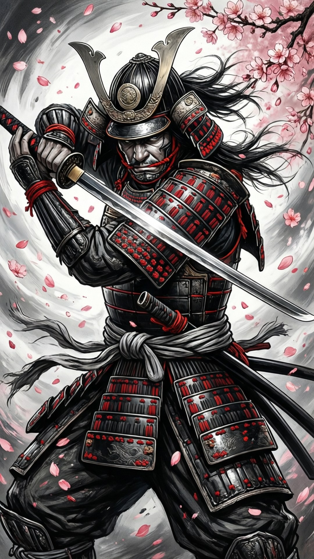 花吹雪中的武士 壁纸