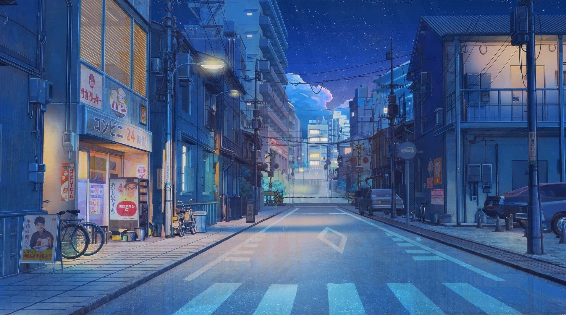 蓝色动漫日本夜晚街道 壁纸