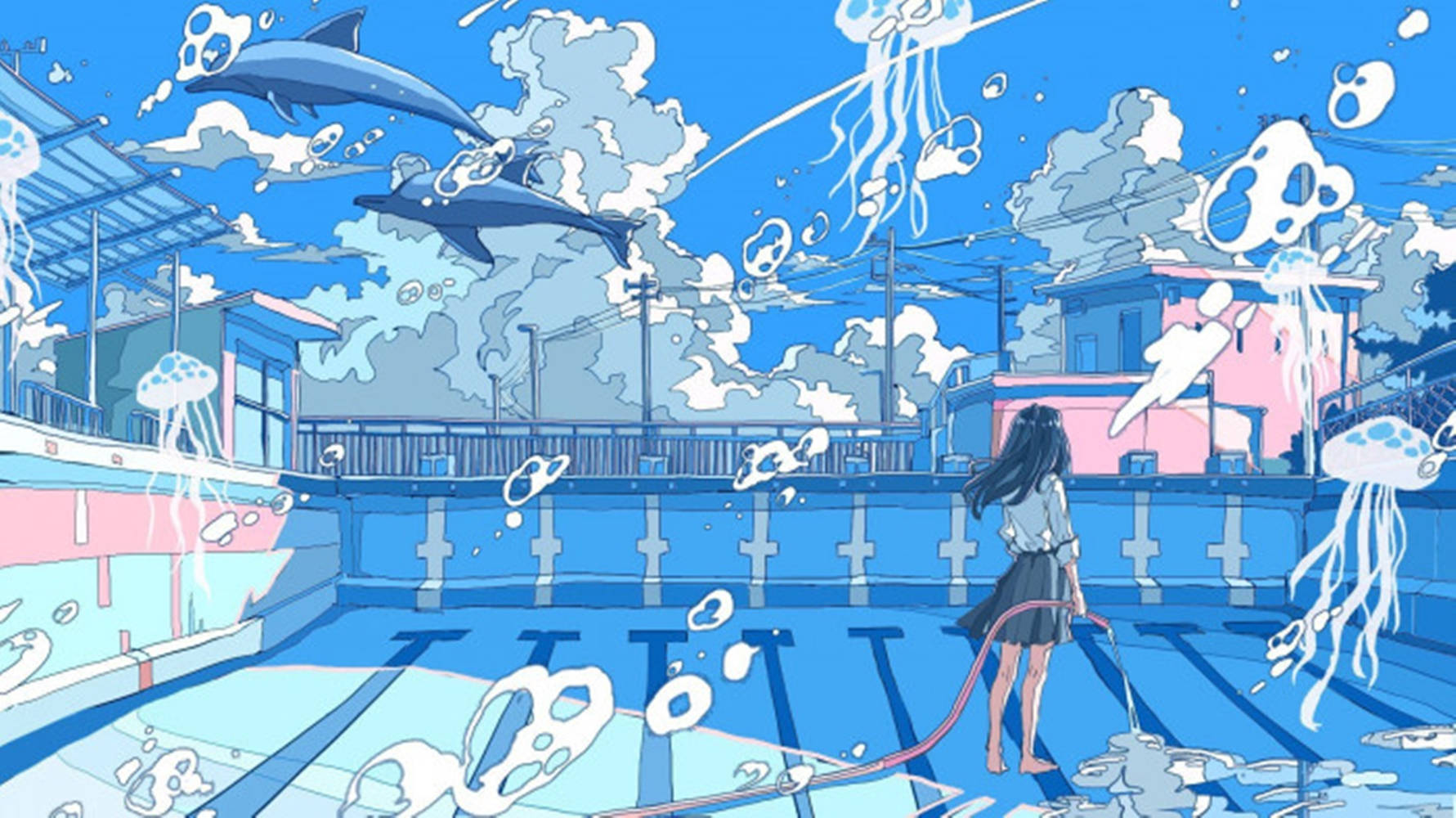 蓝色动漫泳池美学 壁纸