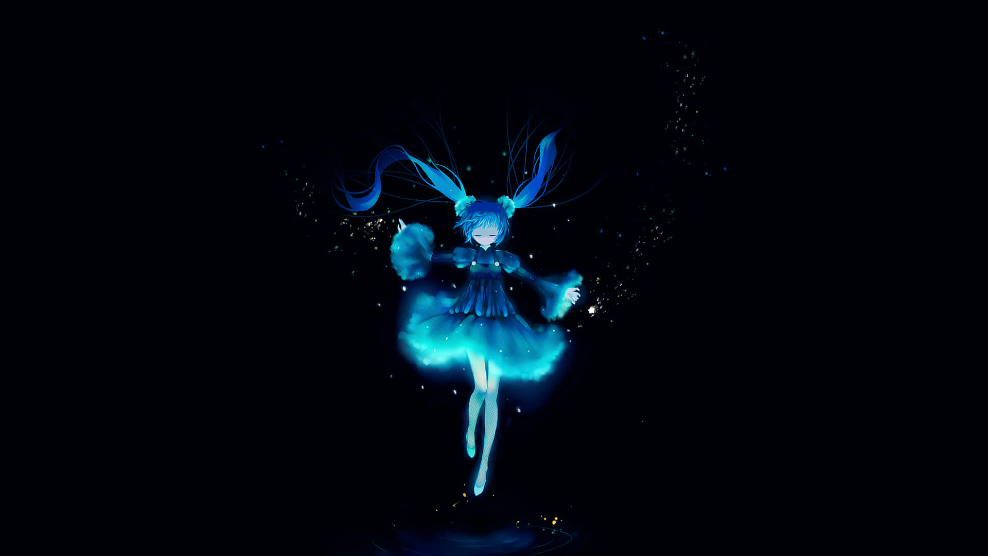 蓝色动漫背景初音未来黑色幕布 壁纸