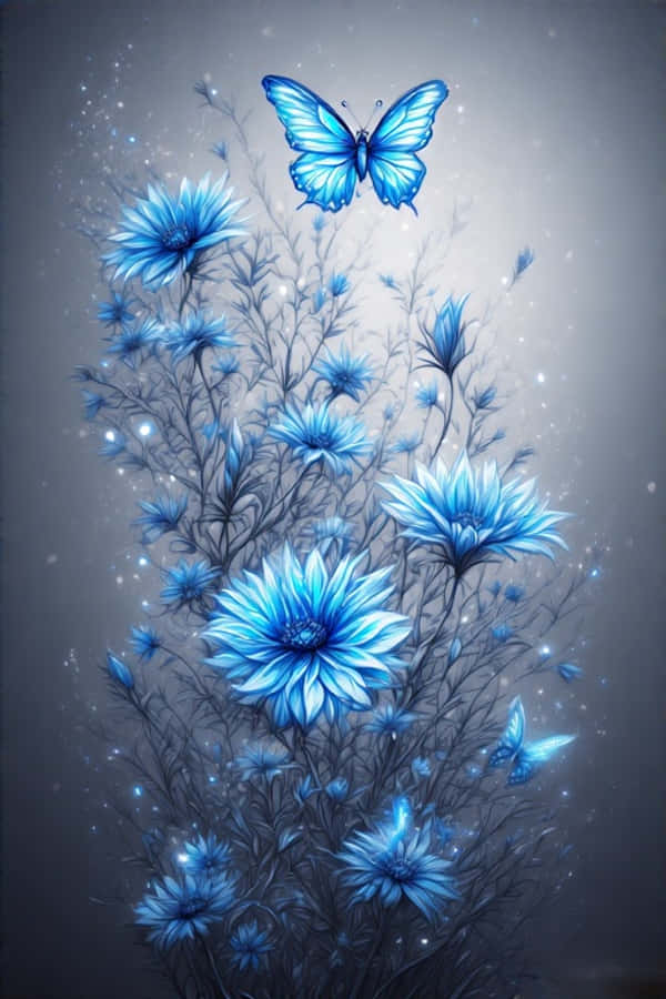 蓝色花朵与发光蝴蝶壁纸 壁纸