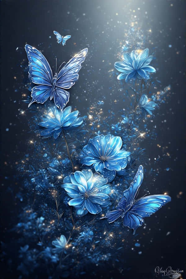 蓝色花朵与发光蝴蝶壁纸 壁纸