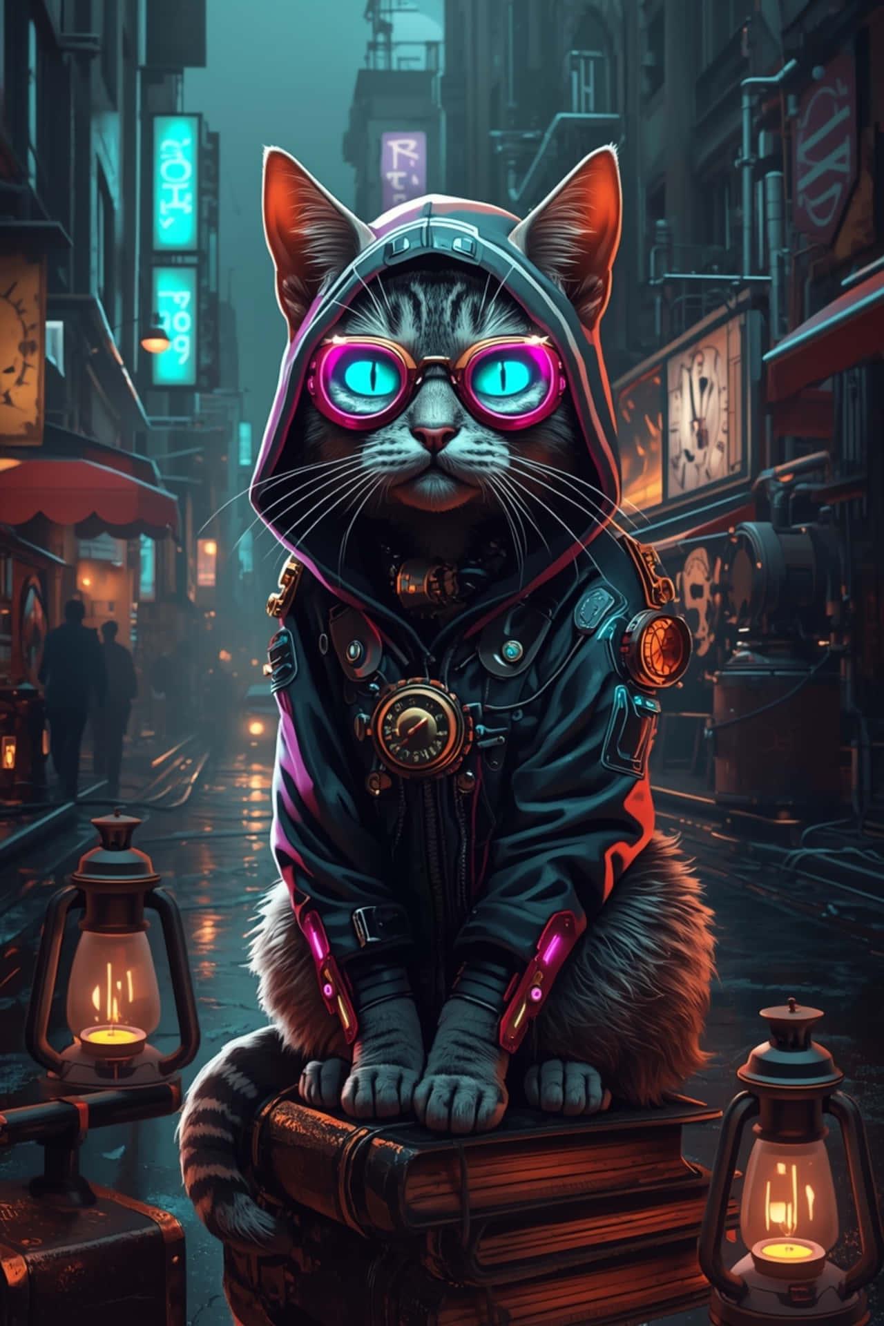 连帽衫，科技，艺术，未来感，小猫，蒸汽朋克，霓虹，护目镜，猫，赛博朋克