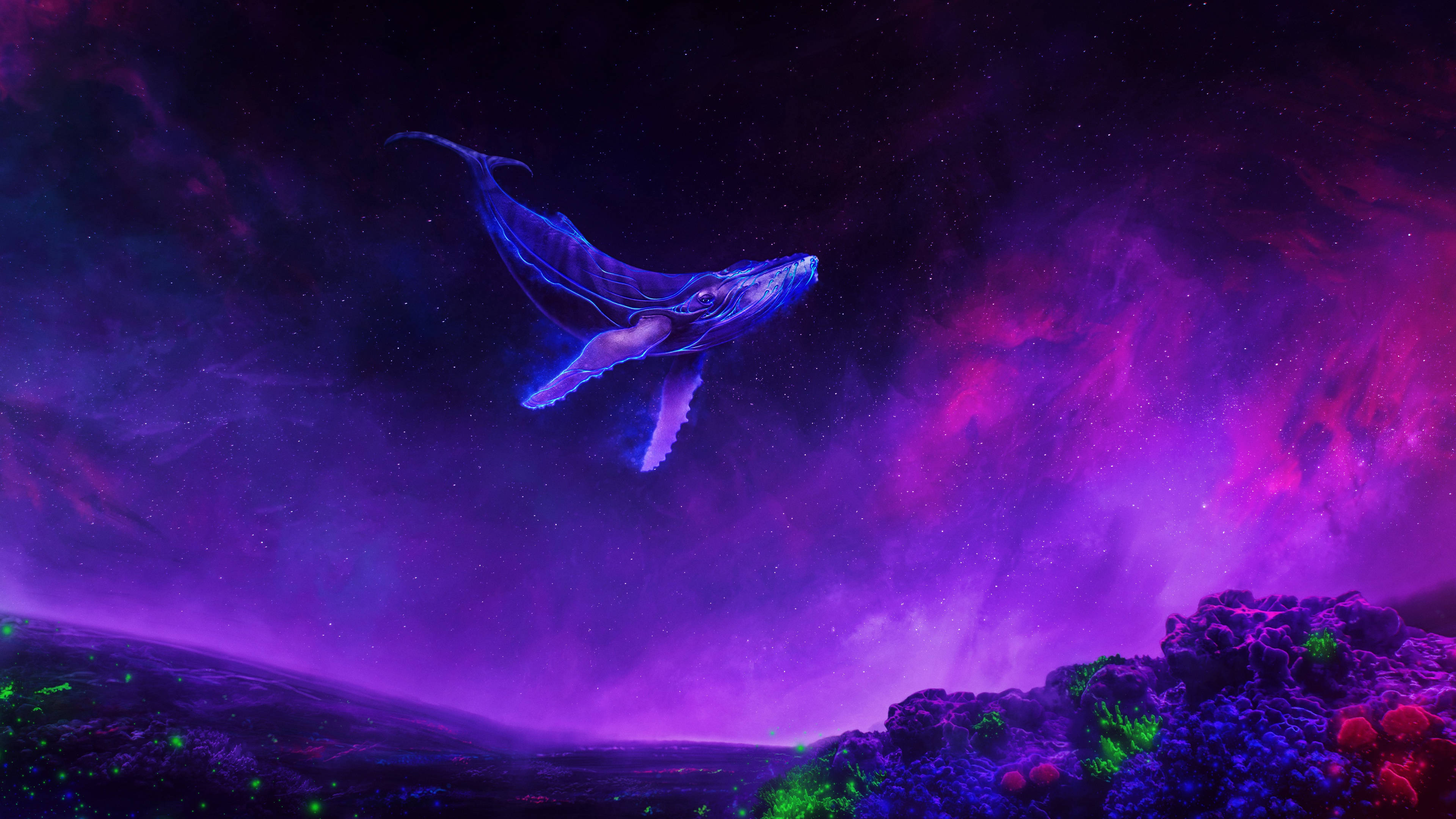 超现实漂浮鲸鱼 4K 紫色 壁纸