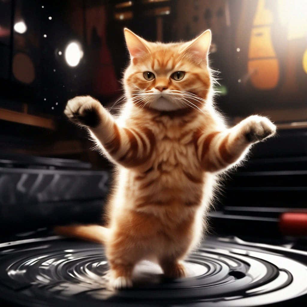 跳舞的橘色虎斑猫黑胶唱片 壁纸