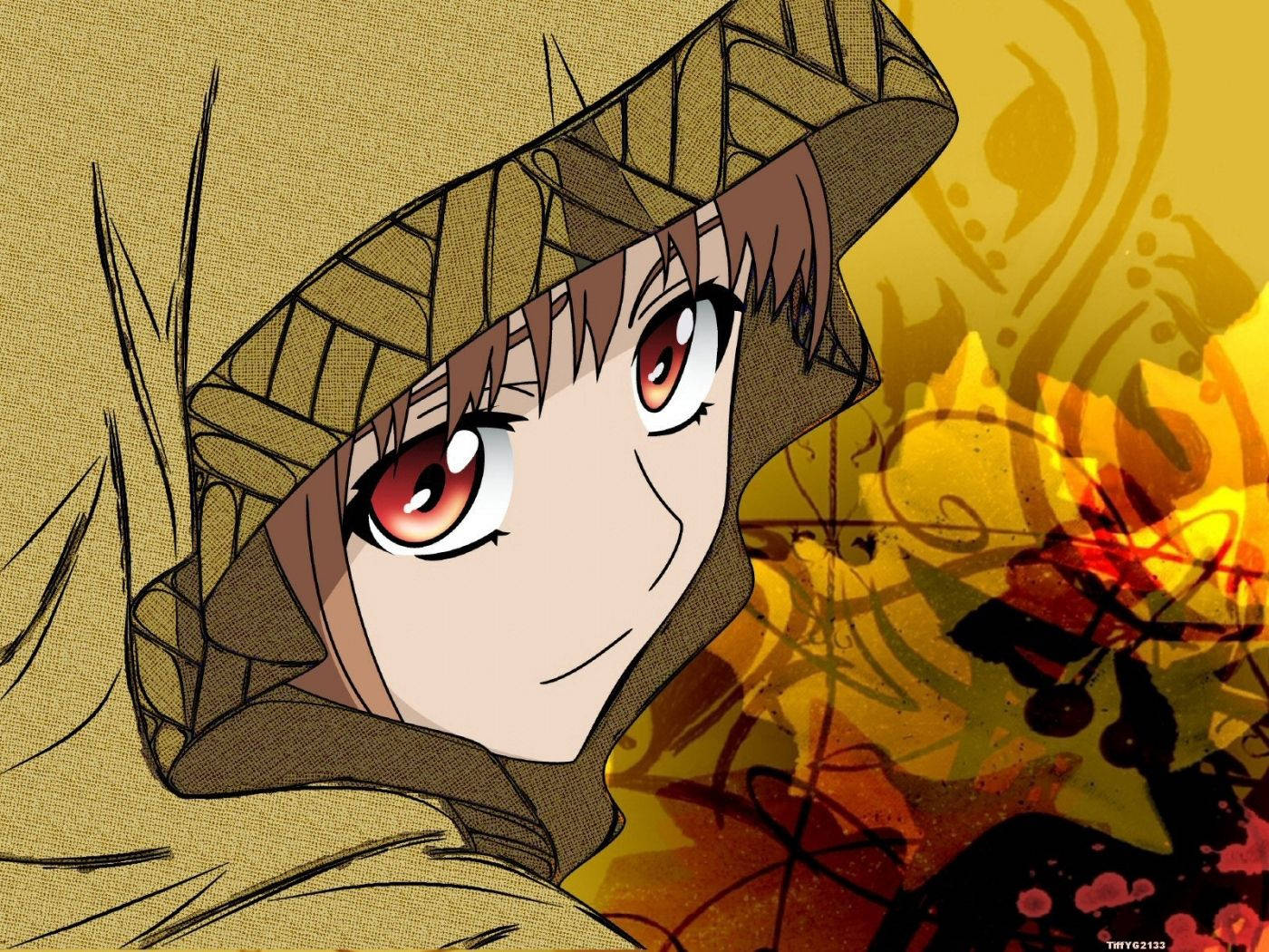 动漫少女身穿棕色斗篷在复古地面壁纸