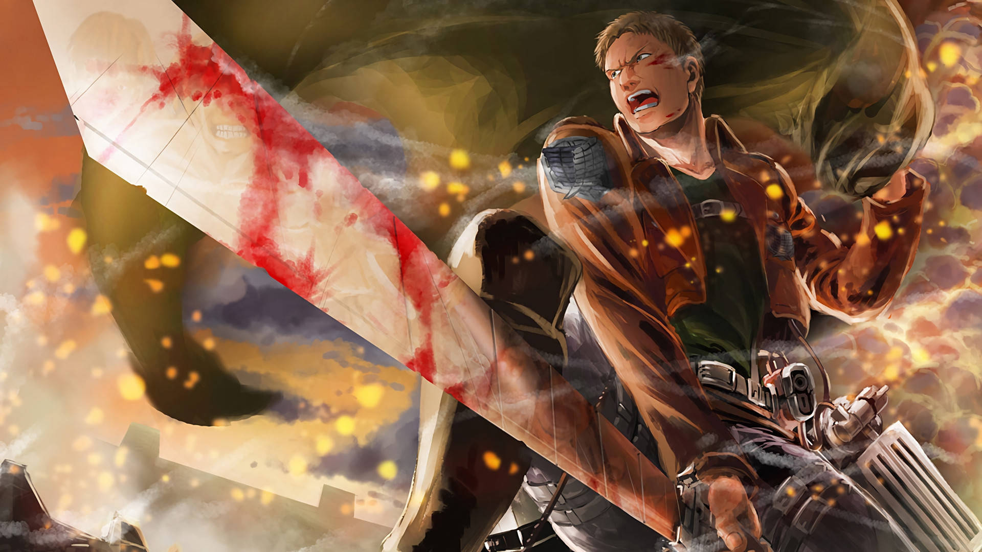 《进击的巨人》同人艺术壁纸：莱纳·布朗身穿调查兵团制服，手持染血之剑