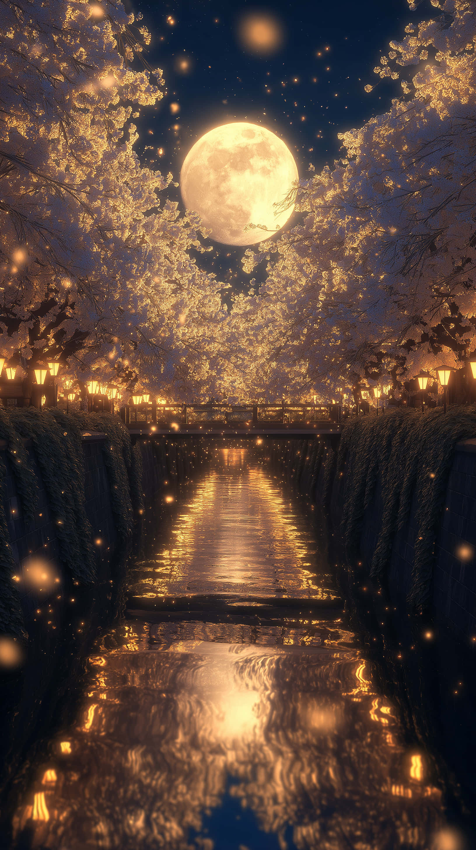 迷人的月夜河畔与发光樱花 壁纸