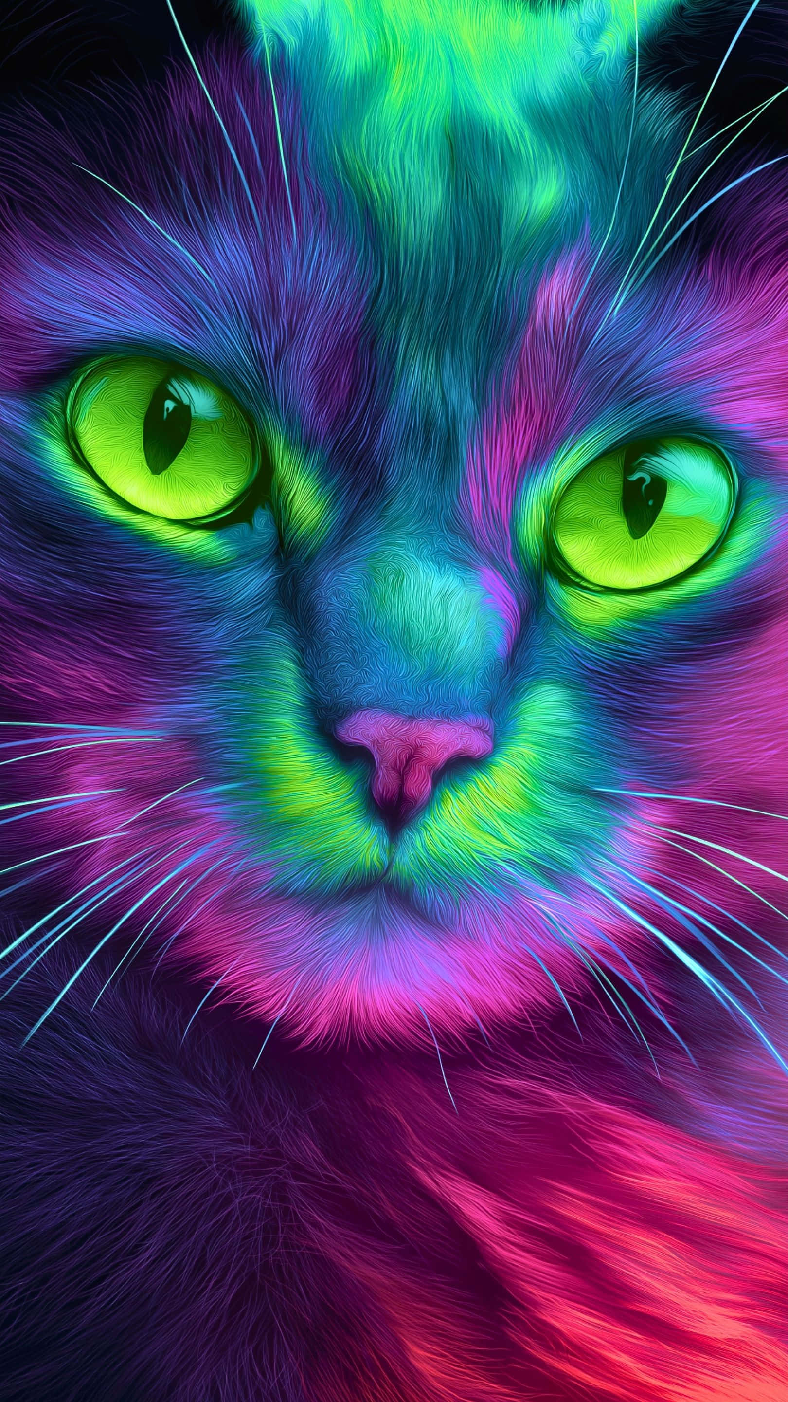 迷人的霓虹猫特写，拥有发光的绿色眼睛和迷幻的皮毛图案 壁纸