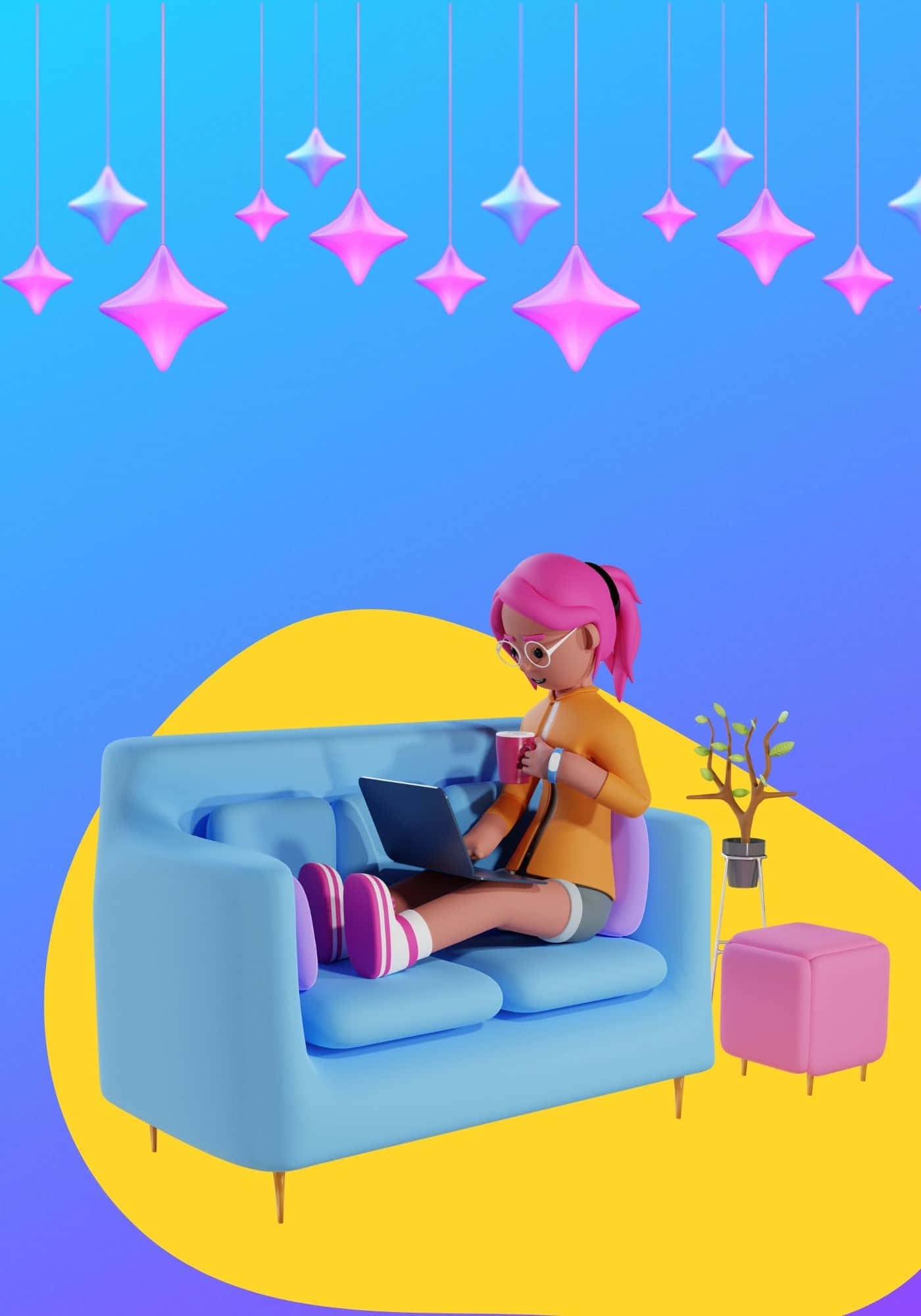 酷炫3D蓝沙发上的粉发女郎背景 壁纸