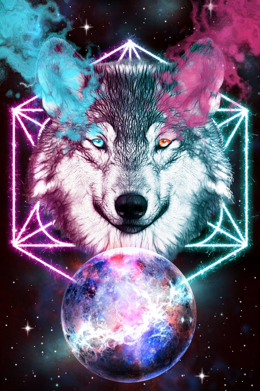 酷炫星系五芒星与烟雾狼影 壁纸