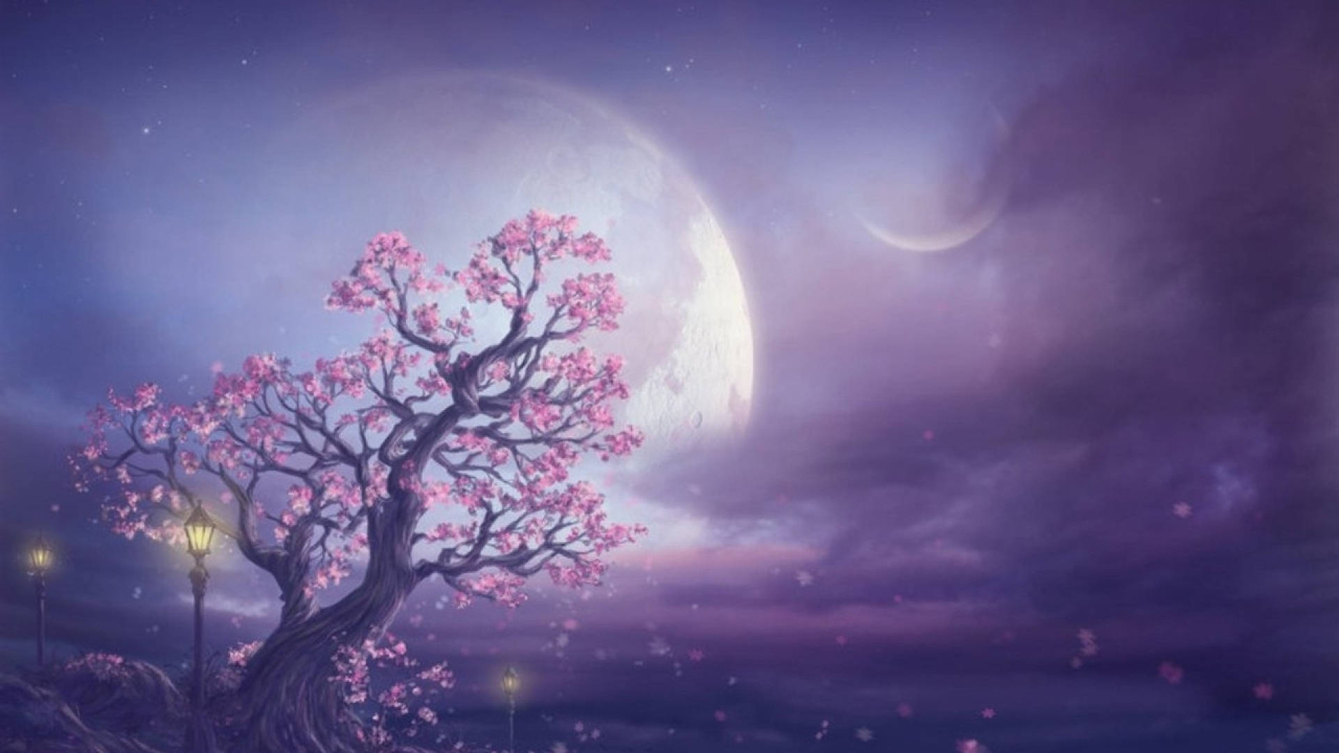银河月亮与樱花树 壁纸