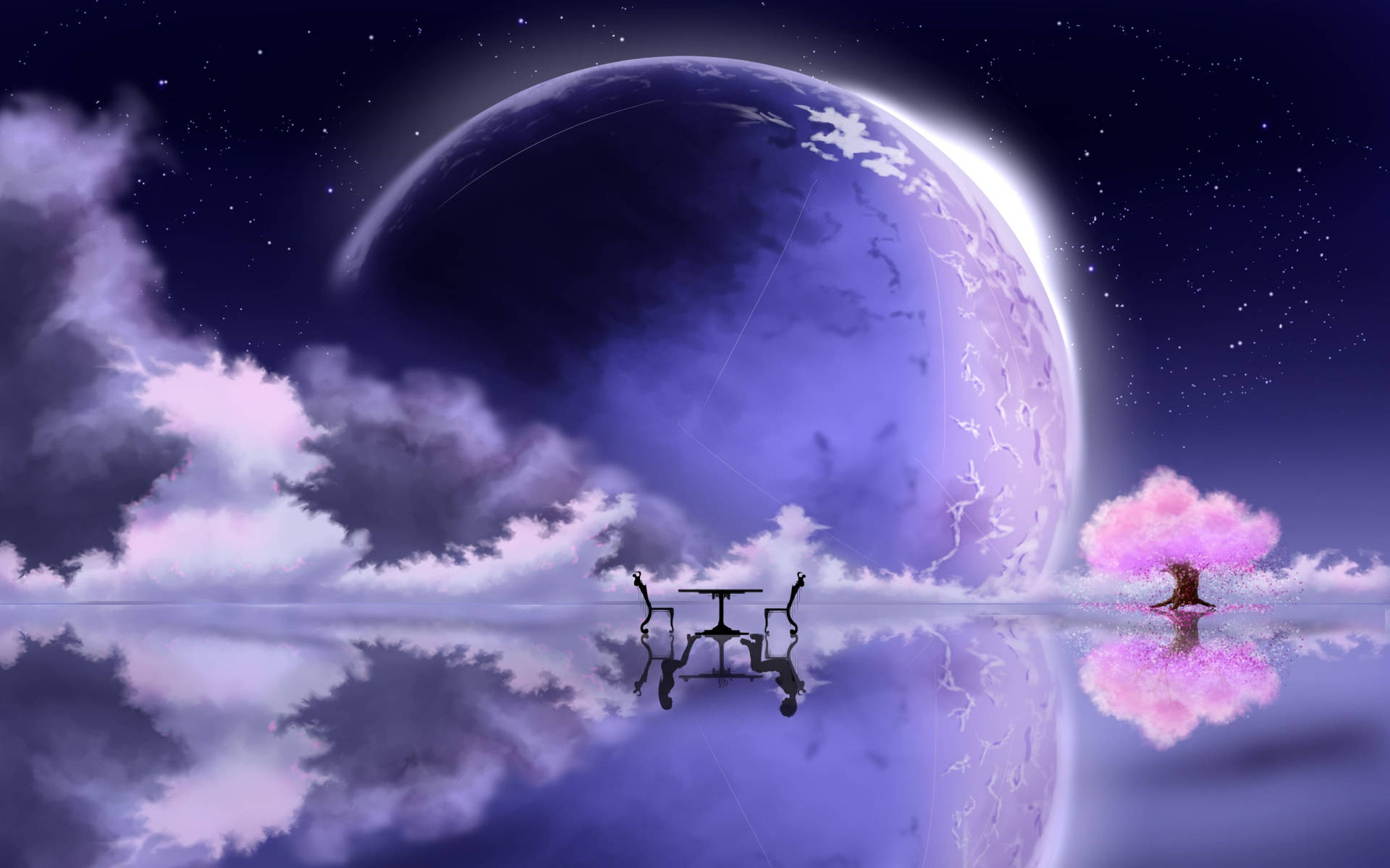 银河月亮与湖泊幻想艺术 壁纸