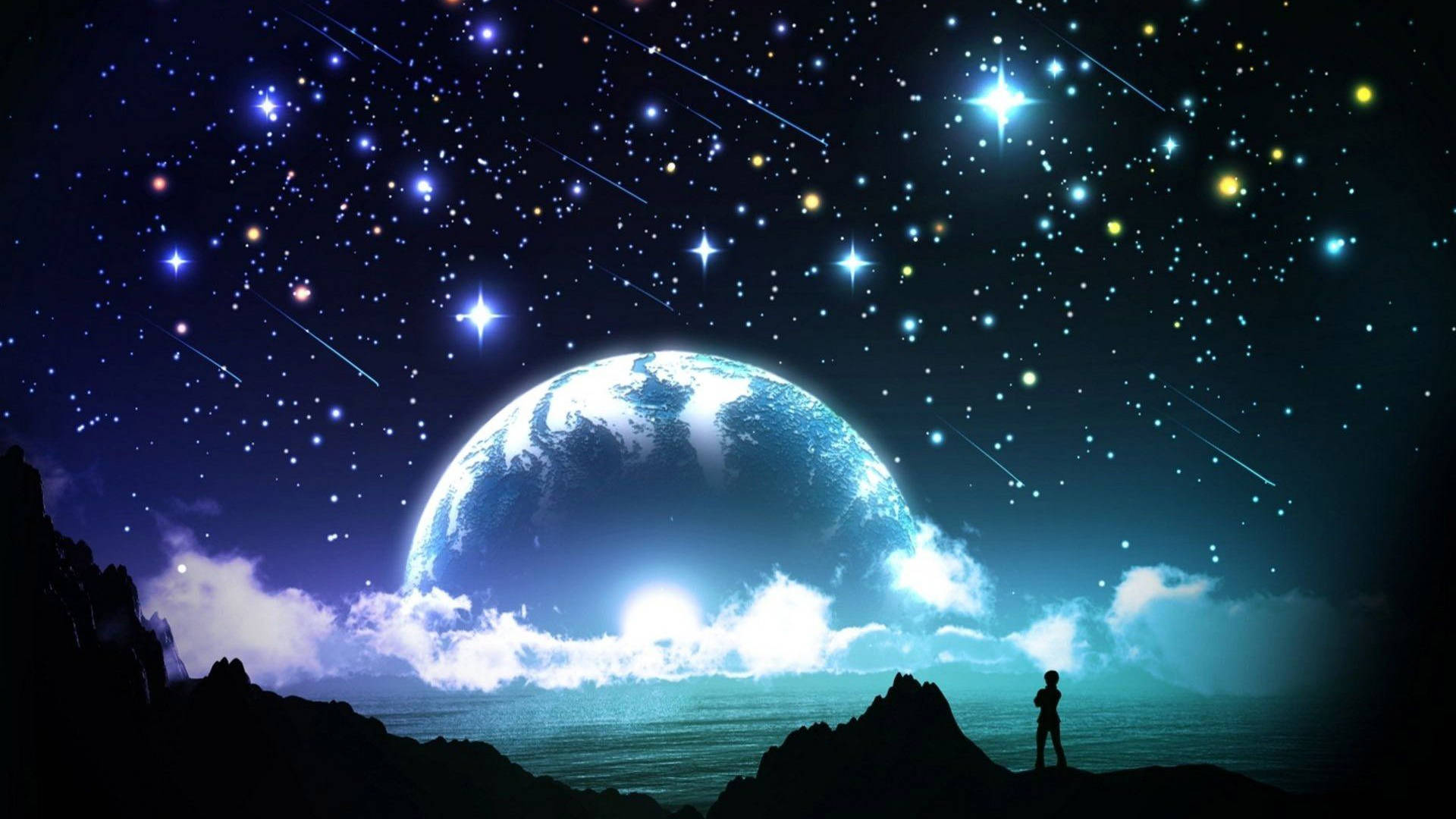 银河月亮与闪烁的星星 壁纸