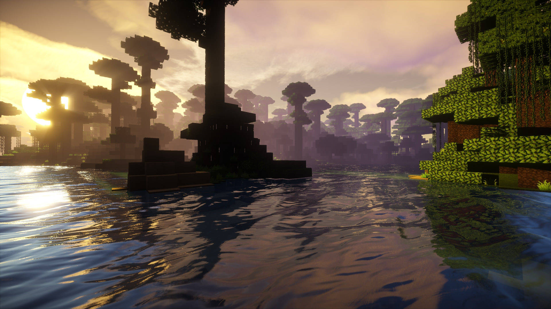 Minecraft日落森林景观高清壁纸