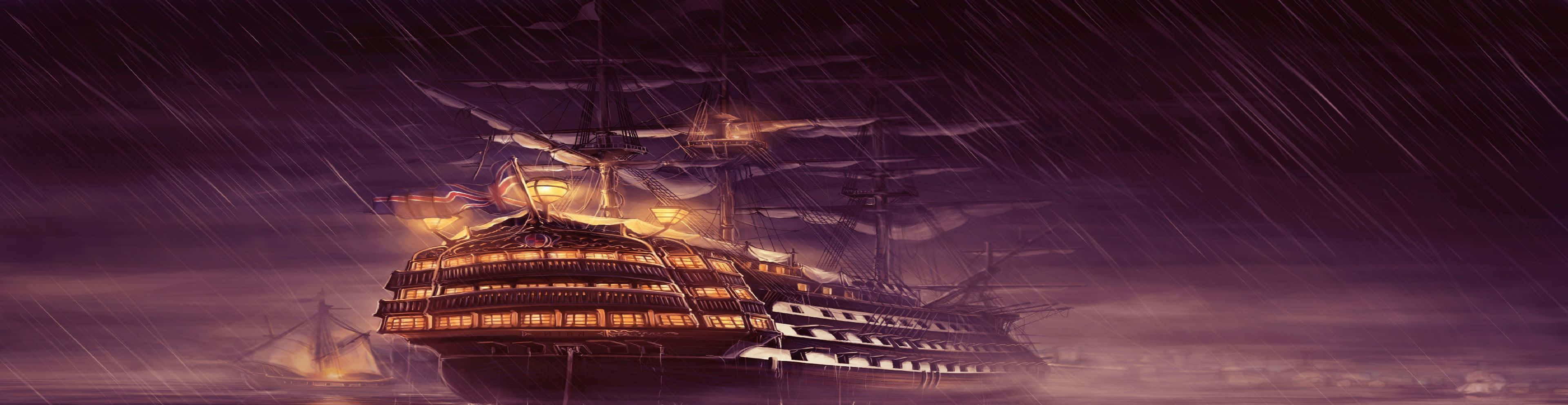 雨中亮灯的 pirate ship 壁纸