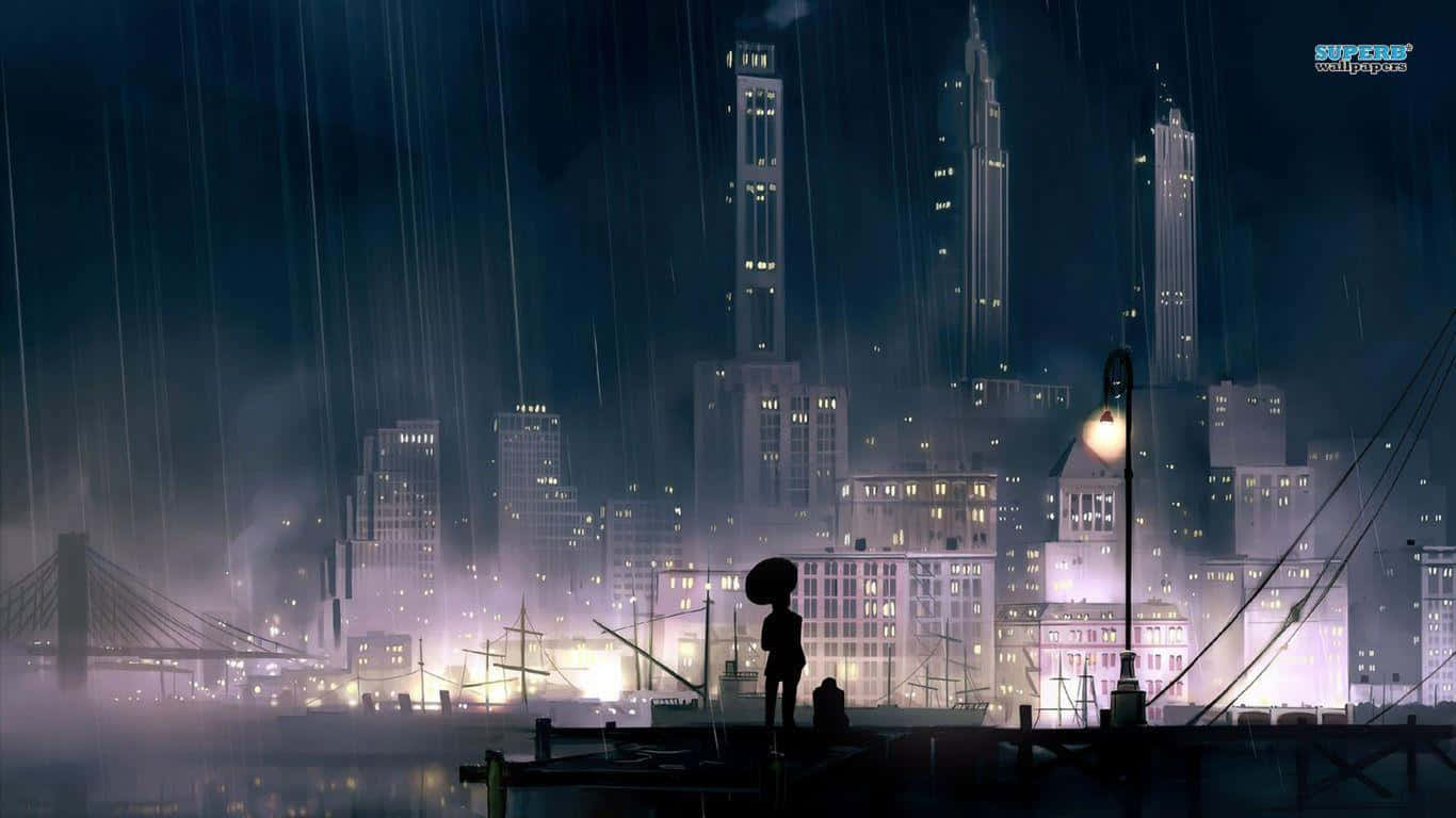 雨中城市，一人立于水中 壁纸