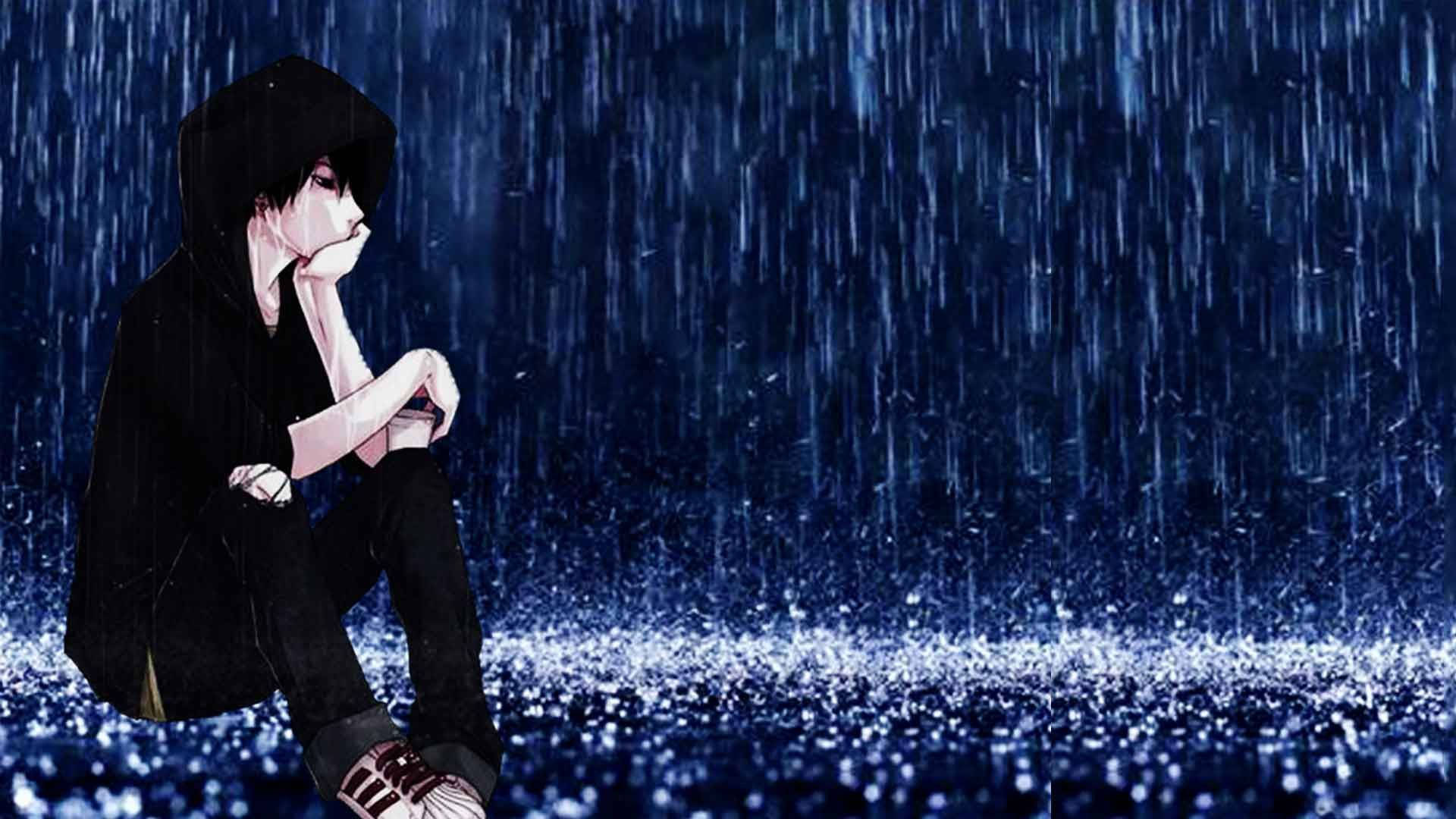 雨中孤独悲伤的动漫男孩 壁纸