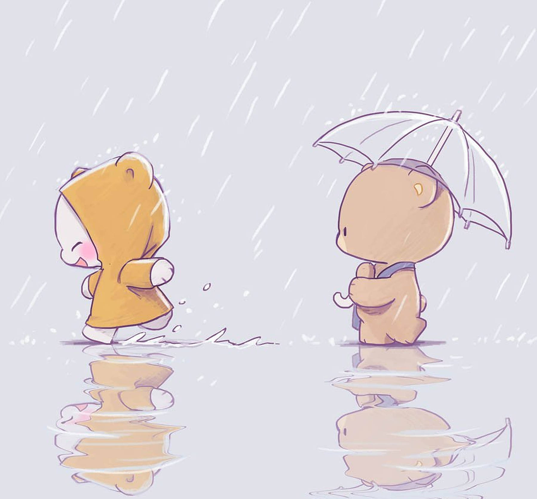 雨中深情相拥 - 牛奶与摩卡小熊 壁纸