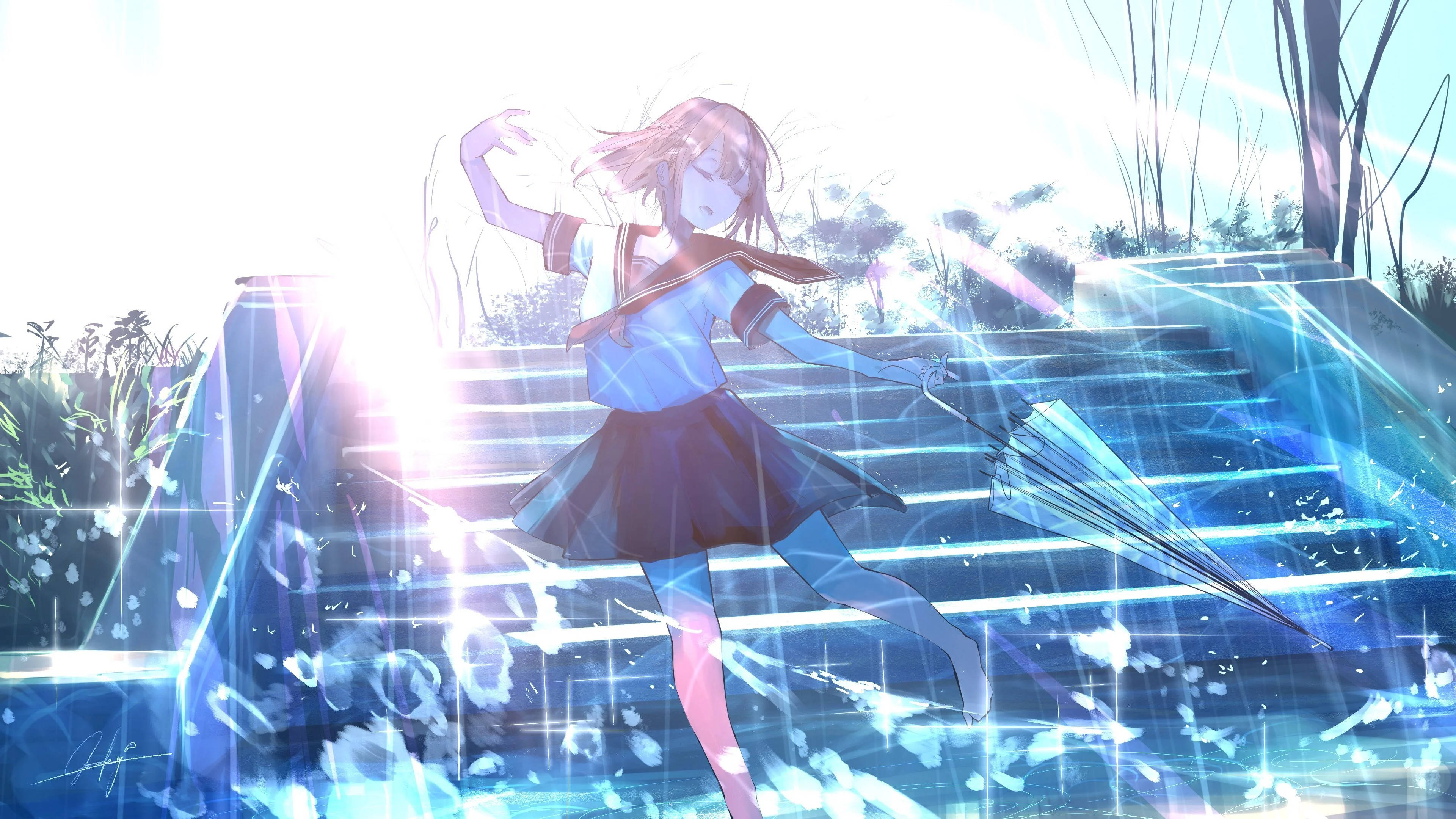 雨中跳舞的动漫女学生 壁纸