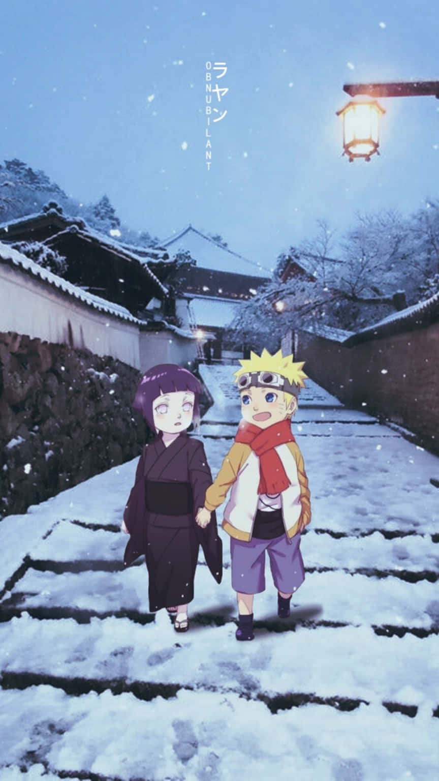雪夜中可爱的鸣人与雏田 壁纸