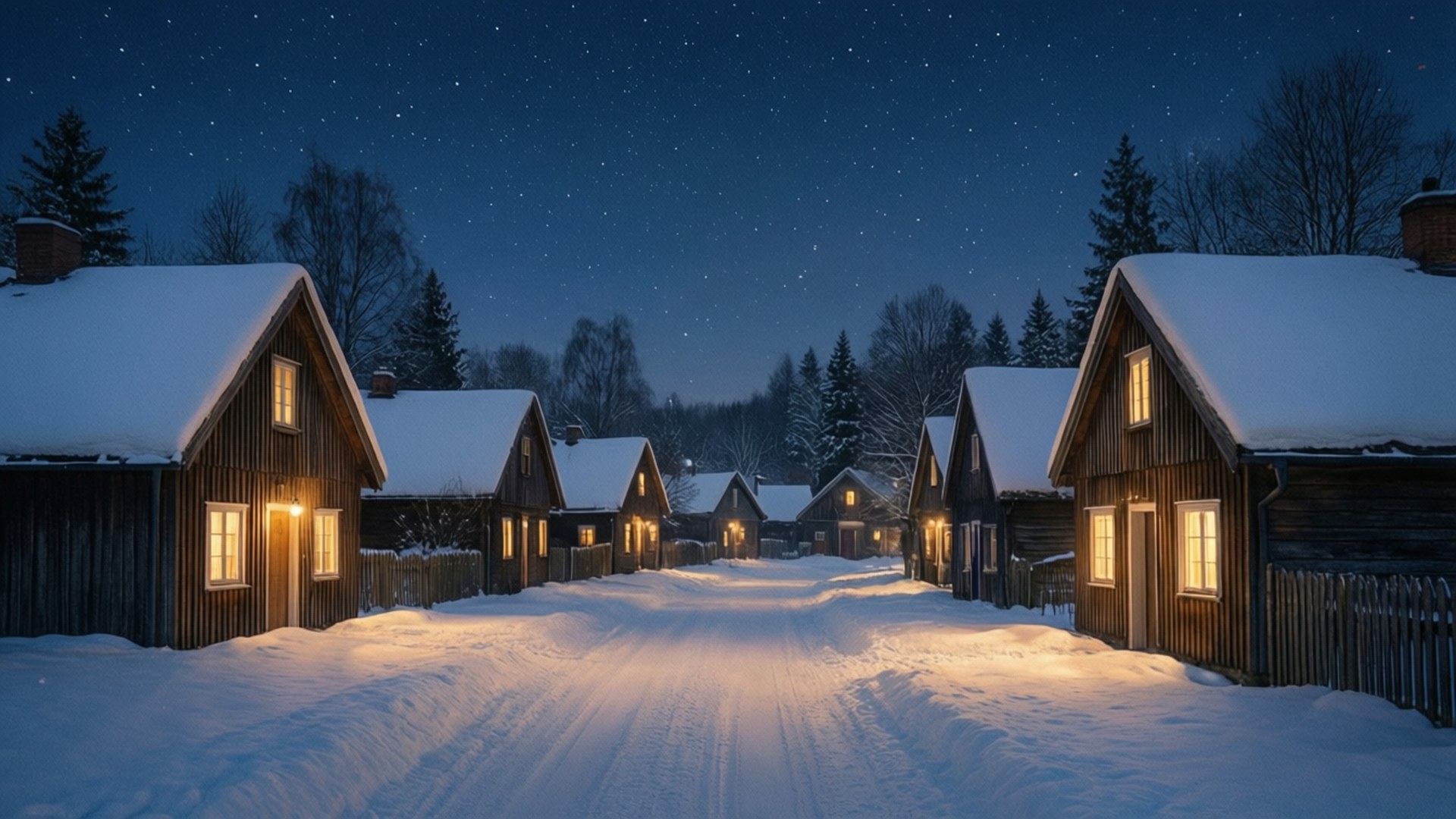 雪夜村庄 壁纸