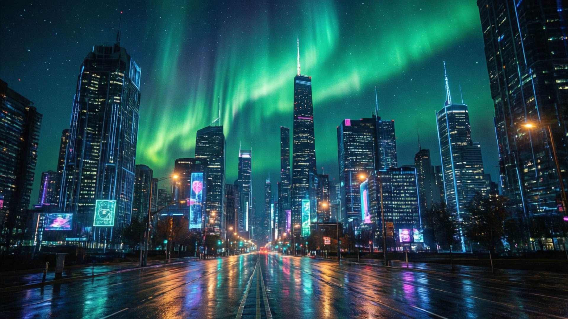 霓虹城市绿色极光 壁纸