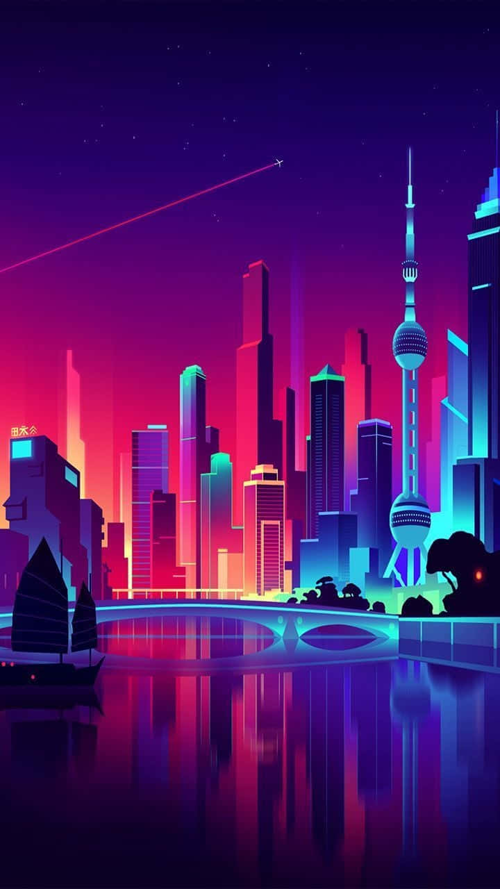 霓虹灯下的城市景观与船只 壁纸