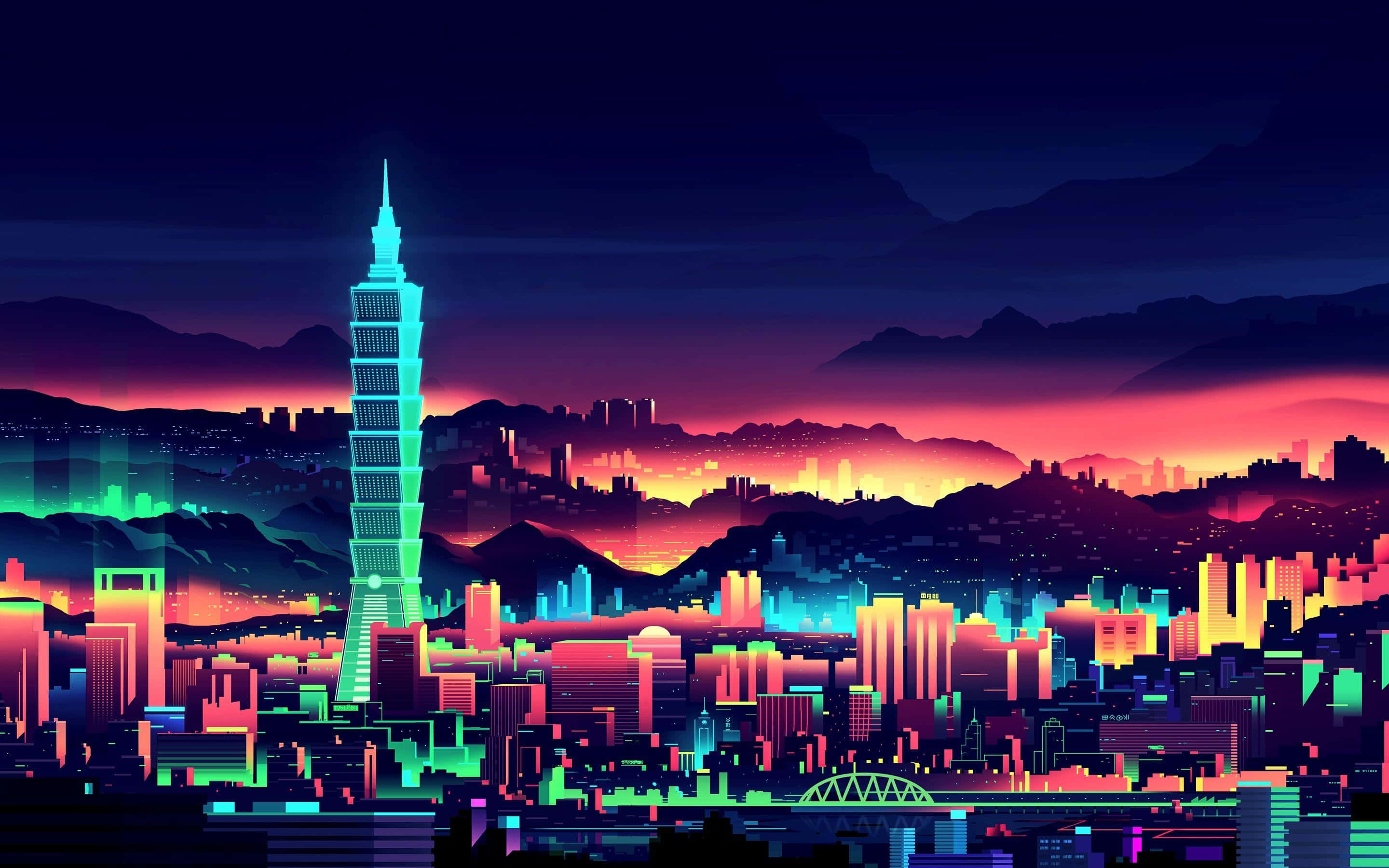 霓虹灯与山脉交织的城市夜景 壁纸